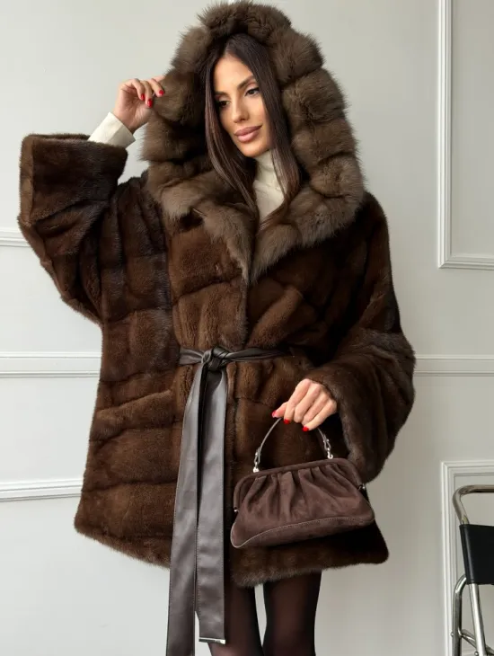 Шуба норка - кимоно с капюшоном