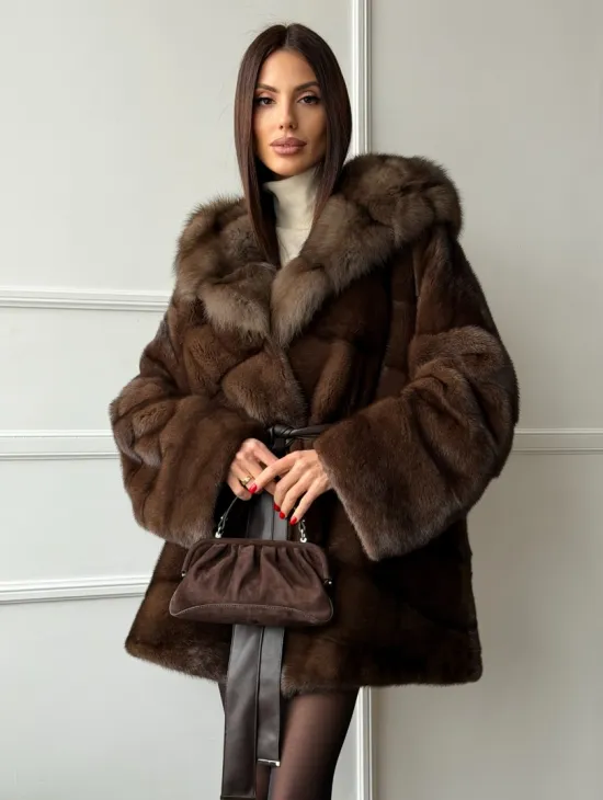 Шуба норка - кимоно с капюшоном
