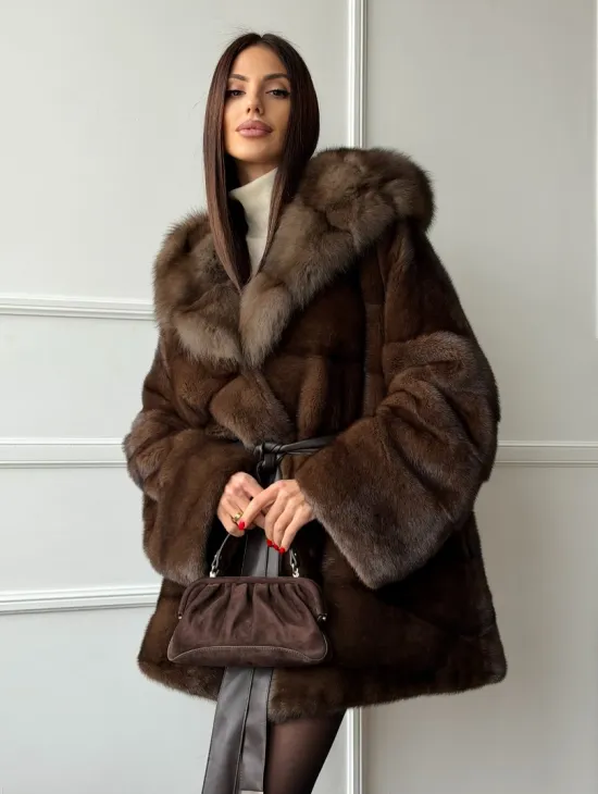 Шуба норка - кимоно с капюшоном