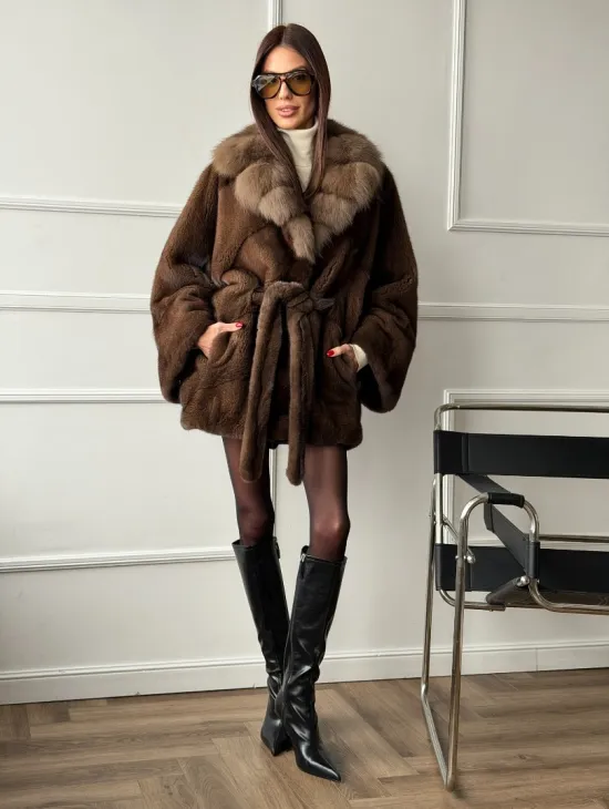 Полушубок автоледи норковый - воротник куница