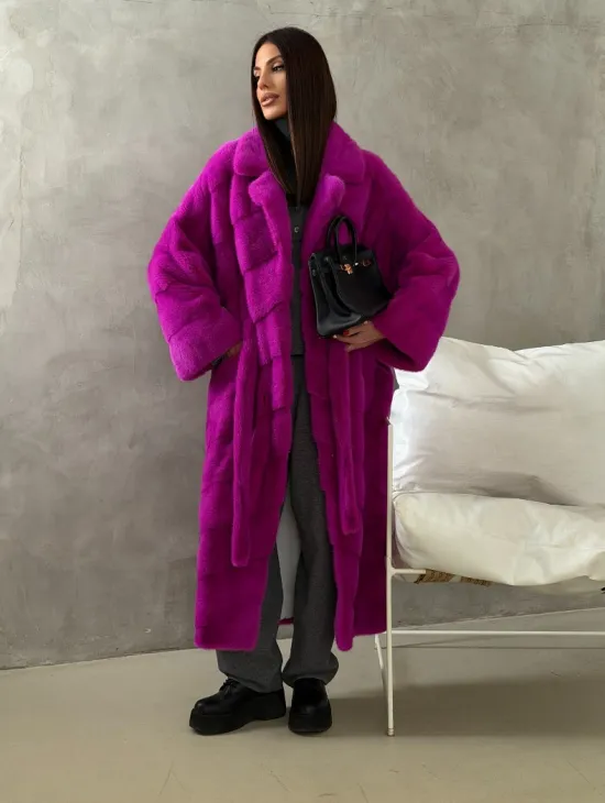 Длинная норковая шуба - цвет фуксия