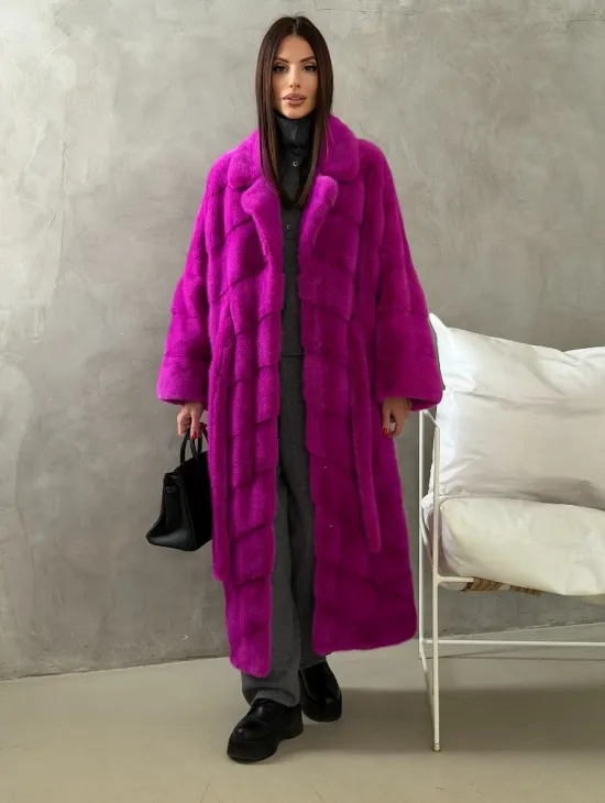 Длинная норковая шуба - цвет фуксия