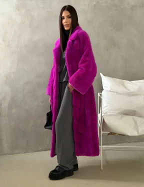 Длинная норковая шуба - цвет фуксия