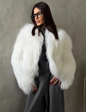 Белая кроп-шуба из меха ламы