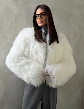 Белая кроп-шуба из меха ламы