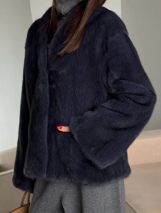 Короткий норковый жакет - синий графит