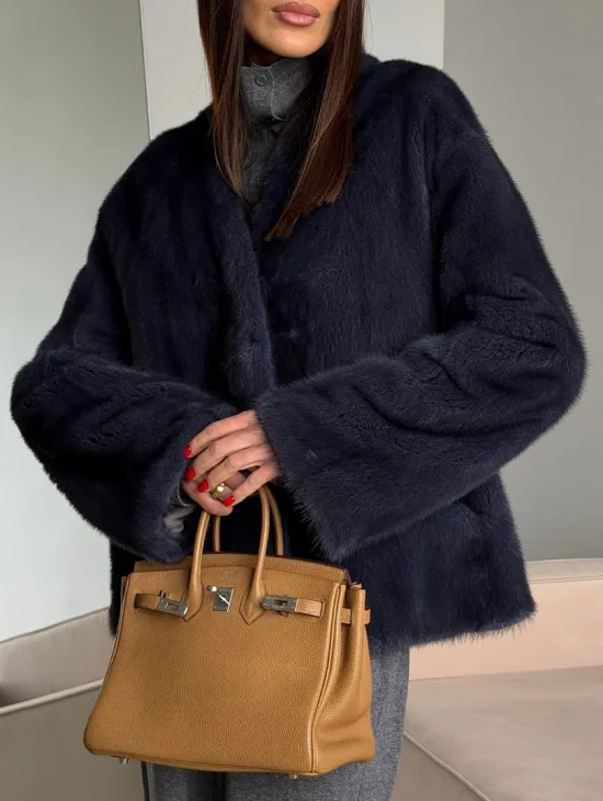 Короткий норковый жакет - синий графит