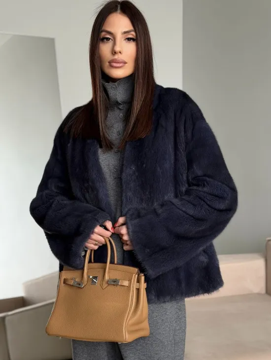 Короткий норковый жакет - синий графит