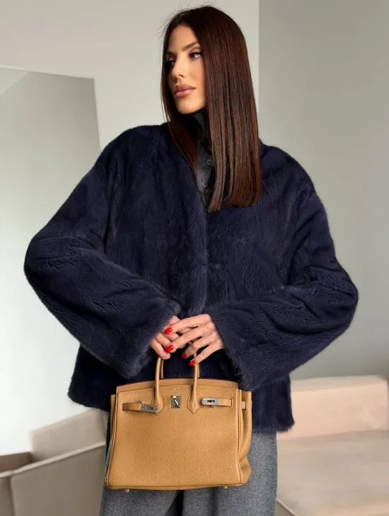 Короткий норковый жакет - синий графит