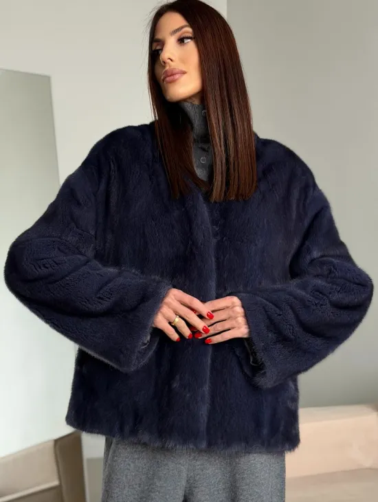 Короткий норковый жакет - синий графит