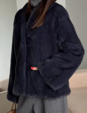 Короткий норковый жакет - синий графит