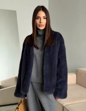 Короткий норковый жакет - синий графит