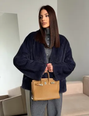 Короткий норковый жакет - синий графит