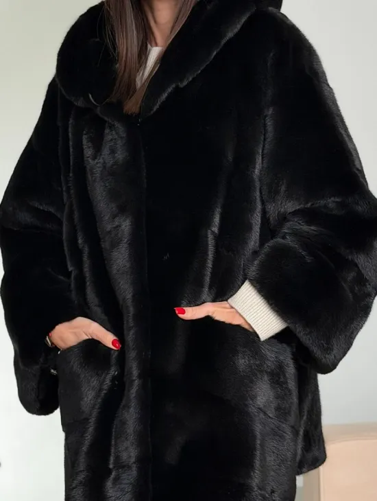 Норка шуба BLACKGLAMA паркет кимоно с капюшоном