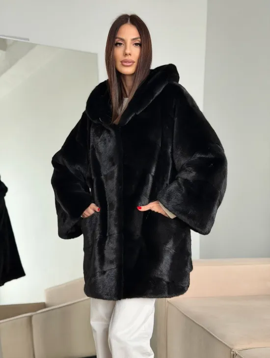 Норка шуба BLACKGLAMA паркет кимоно с капюшоном