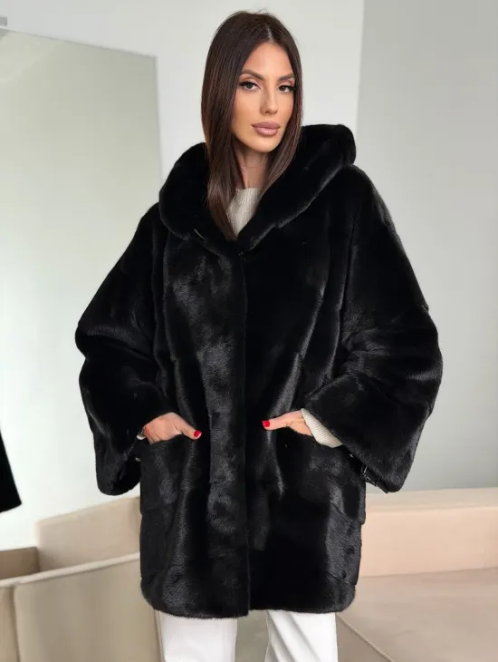 Норка шуба BLACKGLAMA паркет кимоно с капюшоном