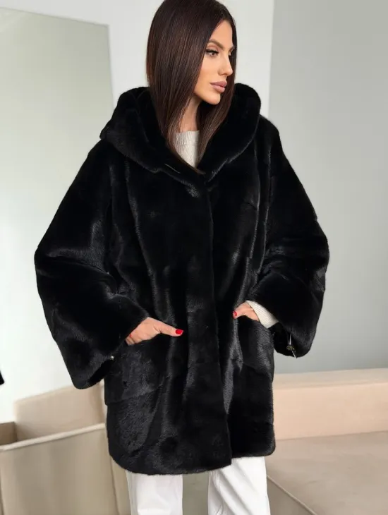 Норка шуба BLACKGLAMA паркет кимоно с капюшоном