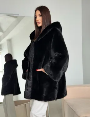 Норка шуба BLACKGLAMA паркет кимоно с капюшоном