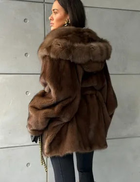 Полушубок норковый летучая мышь - капюшон куница