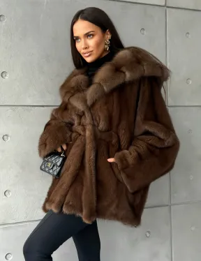 Полушубок норковый летучая мышь - капюшон куница