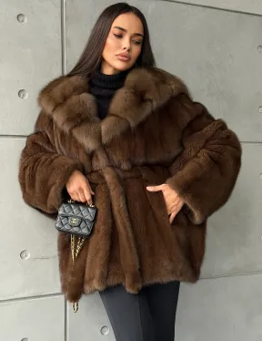 Полушубок норковый летучая мышь - капюшон куница