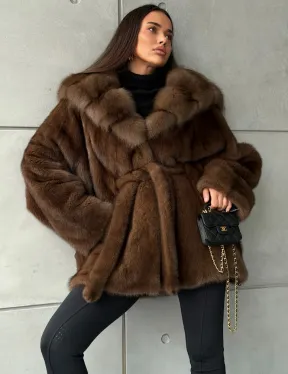 Полушубок норковый летучая мышь - капюшон куница