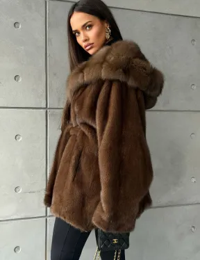 Полушубок норковый летучая мышь - капюшон куница