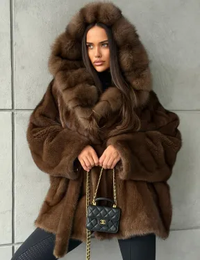 Полушубок норковый летучая мышь - капюшон куница
