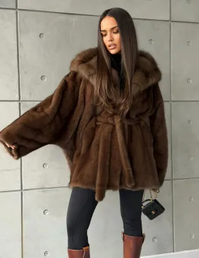 Полушубок норковый летучая мышь - капюшон куница