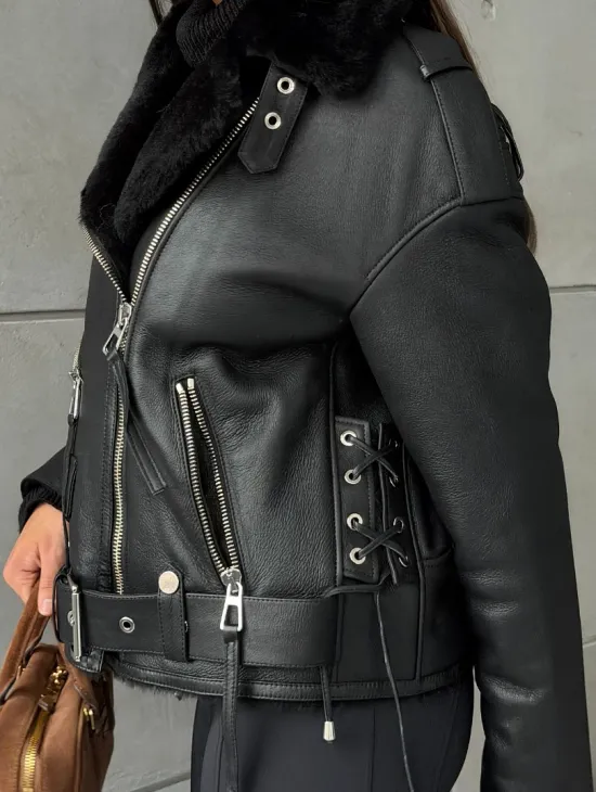 Черная короткая дубленка авиатор