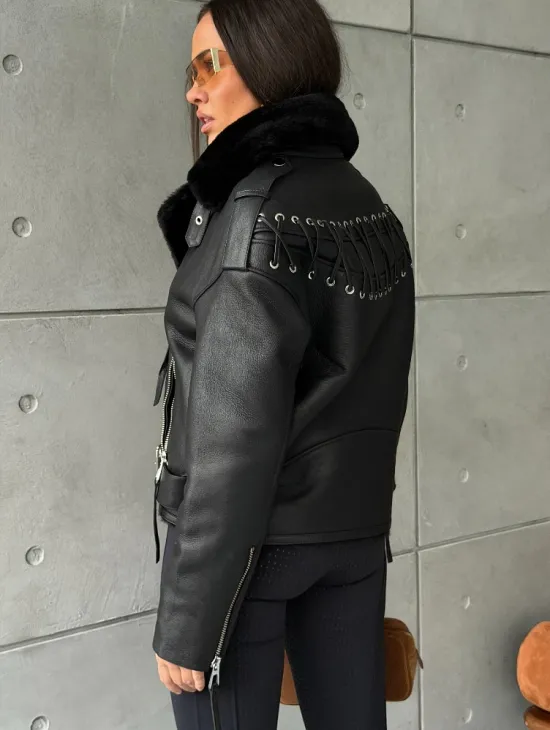 Черная короткая дубленка авиатор