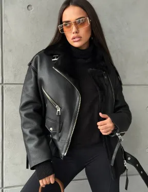 Черная короткая дубленка авиатор