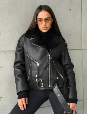 Черная короткая дубленка авиатор