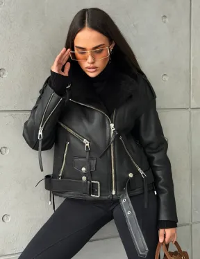 Черная короткая дубленка авиатор