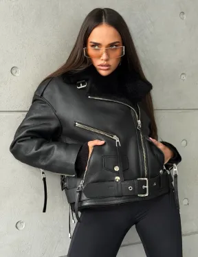 Черная короткая дубленка авиатор