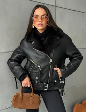 Черная короткая дубленка авиатор