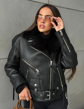 Черная короткая дубленка авиатор