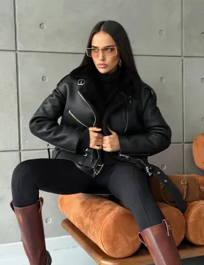 Черная короткая дубленка авиатор