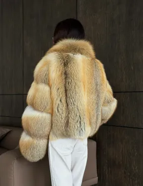 Полушубок-кроп с шалевым воротником из лисы