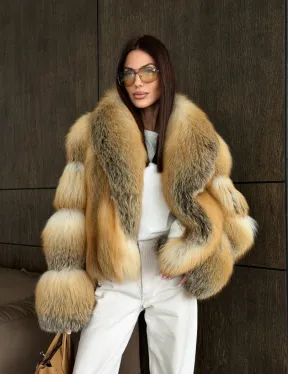 Полушубок-кроп с шалевым воротником из лисы