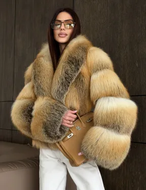 Полушубок-кроп с шалевым воротником из лисы