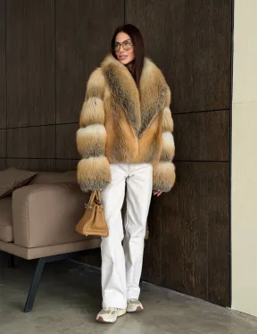 Полушубок-кроп с шалевым воротником из лисы