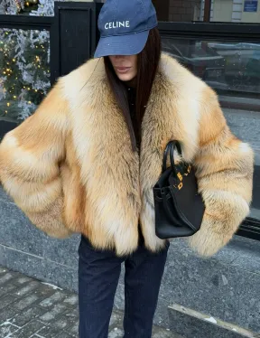 Полушубок-кроп с большим шалевым воротником из меха лисы Golden Sunrise