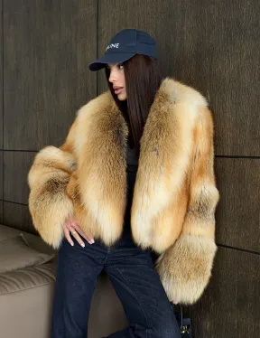 Полушубок-кроп с большим шалевым воротником из меха лисы Golden Sunrise