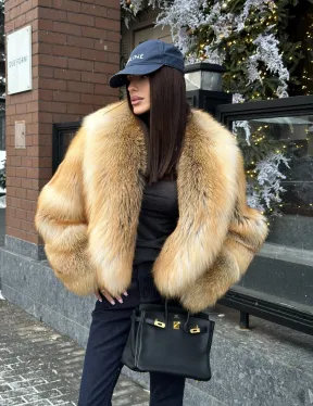 Полушубок-кроп с большим шалевым воротником из меха лисы Golden Sunrise