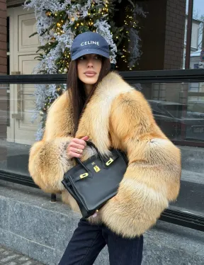 Полушубок-кроп с большим шалевым воротником из меха лисы Golden Sunrise