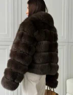 Полушубок-кроп из песца с шалевым воротником