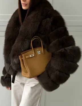 Полушубок-кроп из песца с шалевым воротником