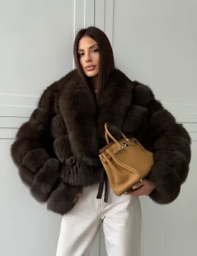 Полушубок-кроп из песца с шалевым воротником