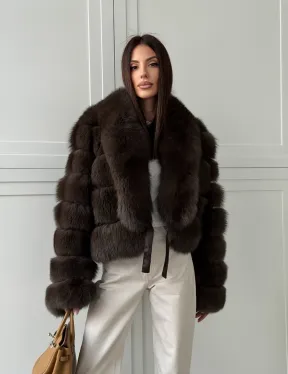 Полушубок-кроп из песца с шалевым воротником